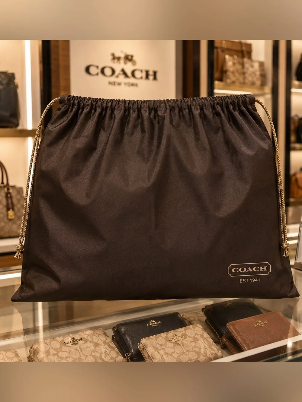 Coach Large Drawstring Dust Bag in Dark Brown with Gold Cord - Picture 1 of 4